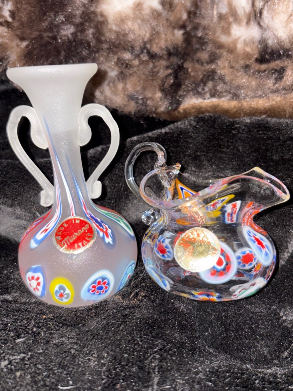 Vintage Murano Art Glass Miniature Lot - 3” Frosted Vase & 2” Millefiori Pitcher